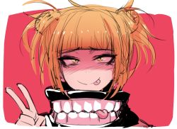 Rule 34 | 1girl, :p, blonde hair, blunt bangs, boku no hero academia, closed mouth, double bun, hair bun, j.k., looking at viewer, red background, sanpaku, simple background, smile, solo, toga himiko, tongue, tongue out, v, yellow eyes