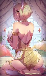 Rule 34 | 1girl, ahri (league of legends), animal ear fluff, animal ears, artist name, ass, backless outfit, bare back, bare shoulders, blonde hair, breast hold, breasts, bridal legwear, choker, closed mouth, commentary, crystal tail, curtains, earrings, english commentary, facial mark, fox ears, fox girl, fox tail, full body, gem, heart, heart earrings, highres, himmely, indoors, jewelry, k/da (league of legends), k/da ahri, k/da ahri prestige edition, large breasts, league of legends, lips, looking at viewer, looking back, official alternate costume, patreon username, plant, pointy nose, seiza, sitting, smile, solo, sparkle, spread legs, tail, thick eyebrows, thigh strap, thighs, watermark, whisker markings, window, yellow choker, yellow eyes