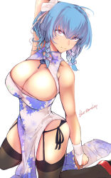 Rule 34 | 1girl, ahoge, alternate costume, arm at side, arm behind head, armpits, azur lane, bare shoulders, black panties, black thighhighs, blue hair, blush, bow, braid, breasts, bridal gauntlets, calligraphy brush, china dress, chinese clothes, cleavage, cleavage cutout, closed mouth, clothing cutout, crossed bangs, dress, floral print, garter straps, gloves, hair between eyes, hair bow, hair ribbon, high heels, highres, kneeling, kojima (blue stardust), large breasts, long hair, looking at viewer, paintbrush, panties, pelvic curtain, pumps, purple bow, purple eyes, red footwear, ribbon, side-tie panties, side braid, side slit, sidelocks, signature, simple background, smile, solo, st. louis (azur lane), st. louis (blue and white pottery) (azur lane), thighhighs, thighs, underwear, white background, white bow, white dress, white ribbon