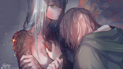 Rule 34 | 2girls, absurdres, blood, brown hair, cape, cloak, elden ring, grey background, grey hair, hair over breasts, hair over one breast, hand on another&#039;s chest, highres, hood, hooded cape, hooded cloak, injury, long hair, medium hair, melina (elden ring), multiple girls, pin.s, scar, tarnished (elden ring), topless, yellow eyes