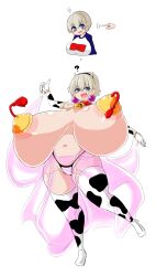 Rule 34 | 1girl, ?, animal ears, animal print, areola slip, ayazumi flutter, blue eyes, breast expansion, breasts, breasts apart, cow ears, cow girl, cow horns, cow print, cow print thighhighs, cowbell, dancing, earrings, female focus, full body, gigantic breasts, grey hair, harem outfit, highres, horns, jewelry, looking at viewer, navel, open mouth, pasties, print thighhighs, shiny skin, short hair, smile, solo, standing, thighhighs, uzaki-chan wa asobitai!, uzaki hana, white background