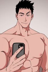 Rule 34 | 1boy, abs, balnom, bara, large pectorals, male focus, mature male, muscular, muscular male, nipples, nude, original, pectorals, phone, raised eyebrow, seductive smile, selfie, short hair, sideburns, smile, solo, stomach, thick eyebrows, upper body