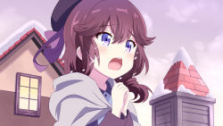 Rule 34 | 1girl, beret, black hat, bow, brown hair, building, cloak, commentary request, crying, crying with eyes open, derivative work, grey cloak, hair between eyes, hands up, hat, hood, hood down, hooded cloak, long hair, machikado mazoku, open mouth, outdoors, own hands together, purple bow, purple eyes, shirt, snow, solo, tears, teeth, tower, upper body, upper teeth only, window, yoshida ryouko, yutsuki warabi