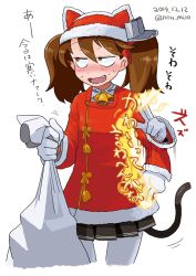Rule 34 | 10s, 1girl, animal hood, bell, blush, cat hood, cat tail, cowboy shot, dated, fang, fire, flat chest, fur trim, gloves, hood, kantai collection, looking away, noumiso, open mouth, ryuujou (kancolle), sack, santa costume, short hair, solo, sweat, tail, translation request, twintails, twitter username, white gloves