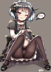 Rule 34 | 1girl, alternate costume, anchor symbol, arm warmers, artist name, bad id, bad twitter id, black dress, black footwear, black hair, black pantyhose, brown eyes, clothes lift, commentary request, dress, dress lift, enmaided, grey background, hair ribbon, highres, kantai collection, lifting own clothes, maid, maid headdress, one eye closed, pantyhose, ribbon, short hair, short hair with long locks, sidelocks, simple background, solo, spoken blush, spread legs, thighband pantyhose, tokitsukaze (kancolle), yufukiri