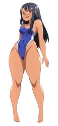 Rule 34 | 1girl, absurdres, abysswatchers, alternate breast size, arm support, bare legs, barefoot, black hair, blue one-piece swimsuit, breasts, brown eyes, cleavage, competition swimsuit, curvy, dark-skinned female, dark skin, fang, full body, heart, highleg, highleg swimsuit, highres, ijiranaide nagatoro-san, long hair, looking at viewer, medium breasts, nagatoro hayase, one-piece swimsuit, standing, swimsuit, thighs, water, white background, wide hips