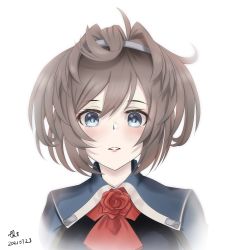 Rule 34 | 1girl, artist name, ascot, blue eyes, blush, brown hair, dated, hair between eyes, kantai collection, medium hair, messy hair, ponytail, portrait, red ascot, red ribbon, ribbon, sheffield (kancolle), signature, simple background, solo, tk8d32, white background