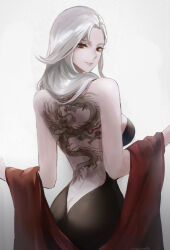 Rule 34 | 1girl, ass, back tattoo, backless dress, backless outfit, bare shoulders, black dress, breasts, butt crack, closed mouth, dark persona, dragon tattoo, dress, gradient background, grey hair, highres, large breasts, long hair, looking at viewer, looking back, medium hair, niijima sae, pale skin, persona, persona 5, red eyes, red shawl, shadow sae, shawl, sideboob, simple background, smile, solo, tattoo, tommy (kingdukeee), twitter username, white background, white hair