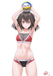 Rule 34 | 1girl, arms up, ball, bikini, black hair, breasts, brown eyes, cleavage, collarbone, commentary request, cowboy shot, gluteal fold, highres, kantai collection, looking at viewer, medium breasts, mesh, navel, revision, sendai (kancolle), simple background, small breasts, smile, solo, split mouth, swimsuit, t2r, two-tone bikini, two side up, white background