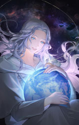Rule 34 | 1girl, 1other, blue eyes, braid, capelet, collarbone, commentary, ere chip, feet out of frame, final fantasy, final fantasy xiv, floating hair, floating rock, galaxy, giant, giantess, glowing, grey capelet, grey hair, grey robe, half-closed eyes, highres, holding, holding planet, hood, hood down, hooded capelet, knees up, long hair, long sleeves, looking down, loporrit, on finger, parted lips, planet, robe, rock, signature, single braid, sitting, sky, smile, solo focus, space, spacesuit, star (sky), starry sky, twitter username, venat (ff14)