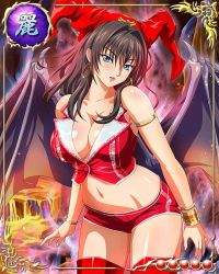 Rule 34 | 1girl, bare arms, bare shoulders, bastard!!, black hair, blue eyes, blush, breasts, card (medium), cleavage, cowboy shot, demon wings, earrings, hat, large breasts, legs, long hair, looking at viewer, lots of jewelry, midriff, mobage, navel, porno dianno, short shorts, shorts, sleeveless, solo, standing, thighs, wings