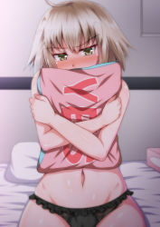 Rule 34 | ahoge, black panties, blonde hair, blush, commentary request, english text, fate (series), frilled panties, frills, groin, head tilt, highres, indoors, jeanne d&#039;arc (fate), jeanne d&#039;arc alter (avenger) (fate), jeanne d&#039;arc alter (fate), looking at viewer, navel, nose blush, hugging object, on bed, panties, pillow, pillow hug, sitting, solo, tears, tsukisiro-suika, underwear, yellow eyes, yes-no pillow