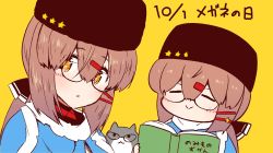 Rule 34 | 2girls, :&gt;, :o, bespectacled, black headwear, blue shawl, blush, book, brown eyes, brown hair, cat, dual persona, fur hat, glasses, glasses day, hair ornament, hairclip, hat, holding, holding book, kantai collection, long hair, low twintails, multiple girls, papakha, scarf, shawl, simple background, smile, star (symbol), tashkent (kancolle), torn clothes, torn scarf, twintails, upper body, white scarf, yellow background, yuasa makoto