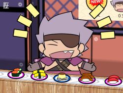 Rule 34 | 1boy, :d, ^ ^, brown gloves, chibi, chibi only, chousokabe motochika (sengoku basara), closed eyes, elbow gloves, eyepatch, food, gloves, jacket, jacket on shoulders, male focus, manojimerser, no shirt, notice lines, official style, open mouth, purple hair, purple jacket, sengoku basara, short hair, smile, solo, spiked hair, sushi