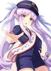 Rule 34 | 1girl, black necktie, blue hat, blue jacket, blue skirt, collared shirt, cowboy shot, cuffs, hand on own hip, handcuffs, hat, highres, jacket, kyouka (princess connect!), long hair, long sleeves, necktie, open mouth, parted bangs, pencil skirt, pointing, pointing at viewer, pointy ears, police, police hat, police uniform, policewoman, princess connect!, purple hair, sash, seiji (artman), shirt, shoulder sash, sidelocks, skirt, solo, twintails, uniform, v-shaped eyebrows, white shirt, yellow eyes