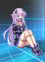 Rule 34 | 1girl, absurdres, adult neptune, arms behind back, bdsm, bondage, bound, bound arms, bound legs, bound wrists, choker, choujigen game neptune, d-pad, d-pad hair ornament, gag, gagged, hair ornament, highres, hood, hooded jacket, hooded track jacket, improvised gag, jacket, long hair, looking at viewer, neptune (neptunia), neptune (series), panties, purple eyes, purple hair, sitting, solo, striped clothes, striped panties, tape, tape gag, tears, track jacket, underwear, wo cao xiao