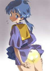 Rule 34 | 1girl, ass, blue eyes, blue hair, blush, closed mouth, dress, earrings, final fantasy, final fantasy legend of the crystals, final fantasy v, highres, jewelry, linaly klauser, long hair, looking at viewer, panties, ponytail, puchidori, sash, simple background, skirt, solo, underwear