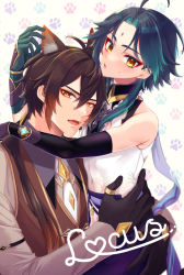 Rule 34 | 2boys, :o, animal ears, bare shoulders, bead necklace, beads, black gloves, brown eyes, brown hair, cat boy, cat ears, facial mark, fangs, forehead mark, genshin impact, gloves, gradient hair, green hair, highres, jewelry, kisekisaki, long hair, long sleeves, male focus, multicolored hair, multiple boys, navel, necklace, off shoulder, open mouth, ponytail, short hair, smile, vision (genshin impact), xiao (genshin impact), yellow eyes, zhongli (genshin impact)
