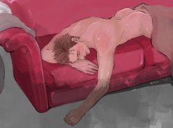 Rule 34 | 1boy, aftersex, blanket, chris redfield, couch, cum, cum on body, male focus, resident evil, sleeping, solo, sweat, tagme