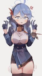 Rule 34 | 1girl, ako (blue archive), anger vein, animal collar, bell, black gloves, black thighhighs, blue archive, blue eyes, blue hair, blush, breasts, chain, collar, commentary request, cowbell, cowboy shot, cuffs, double v, earrings, epi zero, frown, gloves, half gloves, highres, jewelry, leash, looking at viewer, medium breasts, neck bell, parted lips, shackles, sideboob, simple background, solo, sweatdrop, tears, thighhighs, v, v-shaped eyebrows, white background