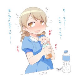 Rule 34 | 1girl, :d, bad id, bad pixiv id, blue dress, blush, bottle, brown eyes, dress, flying sweatdrops, hands up, holding, holding bottle, idolmaster, idolmaster cinderella girls, juice, light brown hair, long hair, morikubo nono, nervous smile, nose blush, open mouth, puffy short sleeves, puffy sleeves, ringlets, shaking head, short sleeves, simple background, smile, solo, sweat, translation request, uccow, water bottle, white background