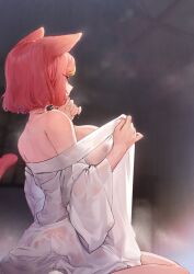 Rule 34 | 1girl, animal ears, breasts, cat ears, cat tail, from side, hands up, highres, large breasts, lingxia, long sleeves, looking away, naked robe, off shoulder, original, pink hair, robe, see-through, short hair, sitting, solo, tail, wet, wet clothes