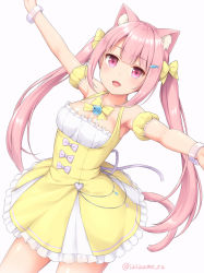Rule 34 | 1girl, animal ears, blush, bow, bracelet, breasts, cat ears, cat tail, dress, frilled dress, frills, hair bow, hair ornament, jewelry, long hair, looking at viewer, medium breasts, open mouth, original, outstretched arms, pink eyes, pink hair, sasaame, solo, spread arms, tail, twintails, twitter username, white background, yellow bow