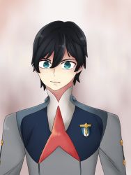 Rule 34 | 10s, 1boy, black hair, blue eyes, darling in the franxx, highres, hiro (darling in the franxx), looking at viewer, male focus, military, military uniform, necktie, red necktie, shiunee, short hair, solo, uniform