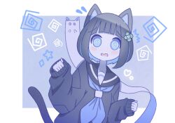 Rule 34 | 1girl, @ @, ^^^, animal ears, black cardigan, black hair, blue background, blue eyes, blue hair, blue neckerchief, blue theme, blunt bangs, blunt ends, blush, bob cut, cardigan, cat ears, cathead, clenched hands, clover, clover hair ornament, colored inner hair, commentary, diamond (shape), flying sweatdrops, four-leaf clover, four-leaf clover hair ornament, furrowed brow, ghost, hair ornament, hand up, heart, highres, light blush, long sleeves, looking at viewer, multicolored background, multicolored hair, neckerchief, no nose, nose blush, omochi noa, original, sailor collar, school uniform, serafuku, shirt, short hair, simple background, sleeves past wrists, solid oval eyes, star (symbol), uniform, white background