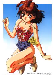 Rule 34 | 1990s (style), 1girl, bracelet, breasts, brown eyes, brown footwear, brown hair, cleavage, denim, denim shorts, earrings, floral print, jewelry, looking at viewer, medium hair, micro shorts, necklace, no socks, non-web source, open mouth, original, pasocom paradise, retro artstyle, shorts, small breasts, solo, spaghetti strap