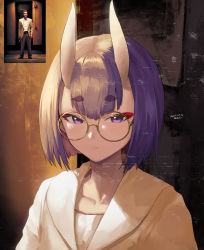 Rule 34 | 1girl, bespectacled, bob cut, collarbone, fate/grand order, fate (series), glasses, highres, horns, looking at viewer, oni, photo-referenced, photo inset, purple eyes, purple hair, round eyewear, shuten douji (fate), skin-covered horns, solo, taino kou, thick eyebrows, upper body