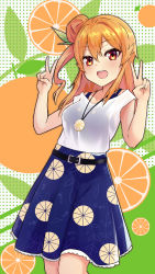 Rule 34 | 1girl, absurdres, arms up, belt, blue skirt, commentary, contrapposto, cowboy shot, double v, food, food print, fruit, fruit background, hair bun, highres, hinatsuki mikan, jewelry, looking at viewer, machikado mazoku, medium hair, one side up, open mouth, orange (fruit), orange eyes, orange hair, orange print, orange slice, pendant, peppertomo, polka dot, polka dot background, shirt, single hair bun, skirt, sleeveless, sleeveless shirt, solo, standing, teeth, upper teeth only, v, white shirt