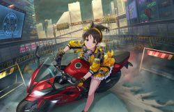 Rule 34 | akira slide, black hair, bow, building, caution tape, city, dust cloud, earrings, gloves, goggles, goggles around neck, green eyes, hair bow, harada miyo, headband, idolmaster, idolmaster cinderella girls, idolmaster cinderella girls starlight stage, jacket, jewelry, keep out, motor vehicle, motorcycle, neon lights, official art, plaid, plaid skirt, ponytail, road, road sign, roadblock, sign, skirt, skyscraper, smile, stop sign, traffic cone, traffic light, under construction, yellow jacket, yellow skirt