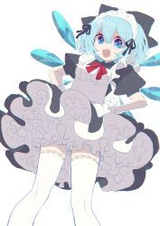 Rule 34 | 1girl, absurdres, alternate costume, apron, blue eyes, blue hair, bow, cirno, collar, dress, enmaided, eyes visible through hair, frills, gloves, grey bow, grey dress, hair between eyes, hands on own hips, highres, holding, ice, ice wings, looking at viewer, maid, maid headdress, open mouth, puffy short sleeves, puffy sleeves, red bow, red neckwear, shocho (shaojiujiu), short sleeves, simple background, smile, solo, standing, thighhighs, touhou, white apron, white background, white gloves, white thighhighs, wings