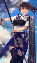 Rule 34 | 1girl, absurdres, aircraft, aircraft request, airplane, apron, blue hakama, blue sky, brown eyes, brown gloves, brown hair, cloud, commentary request, cowboy shot, day, flight deck, fukazaki, gloves, hakama, hakama short skirt, hakama skirt, highres, japanese clothes, kaga (kancolle), kaga kai ni (kancolle), kantai collection, long hair, looking to the side, muneate, outdoors, partially fingerless gloves, partly fingerless gloves, quiver, side ponytail, single glove, skirt, sky, solo, tasuki, thighhighs, yugake, yumi (bow)