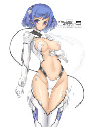 Rule 34 | 1girl, blue hair, blush, bodysuit, breasts, cable, cameltoe, covered erect nipples, gloves, hair ornament, hairclip, headset, large breasts, navel, original, purple eyes, short hair, simple background, solo, standing, t-track, t-track (artist), thigh gap, undressing