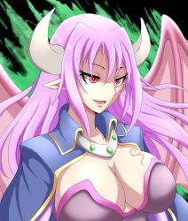 Rule 34 | 1girl, alma elma, breast tattoo, breasts, cape, cleavage, demon girl, elbow gloves, gloves, highres, horns, large breasts, long hair, mon-musu quest!, monster girl, pointy ears, purple hair, red eyes, revealing clothes, solo, tattoo, wings