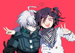 Rule 34 | 2boys, ahoge, android, armor, black hair, blue eyes, bow, checkered clothes, checkered neckwear, checkered scarf, colored skin, commentary request, danganronpa (series), danganronpa v3: killing harmony, double v, flower, hair bow, hair flower, hair ornament, heart, k1-b0, looking at viewer, male focus, multiple boys, oma kokichi, open mouth, pink background, power armor, protected link, purple eyes, scarf, short hair, silver hair, simple background, smile, straitjacket, upper body, v, white skin, zuizi