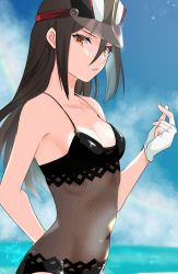 Rule 34 | 1girl, black hair, black one-piece swimsuit, blue sky, breasts, brown eyes, collarbone, commentary request, covered navel, dated, fingerless gloves, fishnet swimsuit, from side, gloves, highres, long hair, looking at viewer, morag ladair (obligatory leave) (xenoblade), morag ladair (xenoblade), nayuta-kanata, one-piece swimsuit, signature, sky, small breasts, solo, swimsuit, visor cap, water, watermark, white gloves, xenoblade chronicles (series), xenoblade chronicles 2