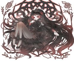 Rule 34 | 10s, 1girl, abyssal ship, black hair, bodystocking, bonnet, colored skin, dress, glowing, glowing eyes, gothic lolita, highres, isolated island oni, kantai collection, lolita fashion, long hair, nora (salatto), red eyes, sitting, solo, very long hair, white skin