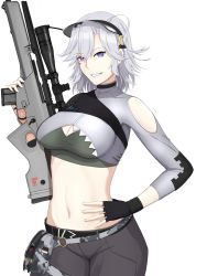 Rule 34 | 1girl, black gloves, black pants, breasts, facial mark, feet out of frame, fingerless gloves, girls&#039; frontline, gloves, green sports bra, gun, h&amp;k sl8, hand on own hip, highres, holding, holding gun, holding weapon, long sleeves, looking at viewer, medium breasts, medium hair, navel, open mouth, pants, purple eyes, rifle, sl8 (girls&#039; frontline), smile, sniper rifle, solo, sports bra, standing, sumi ojie, teeth, visor cap, weapon, white background, white hair
