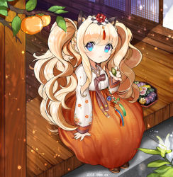 Rule 34 | 1girl, animal ears, bad id, bad pixiv id, blonde hair, blue eyes, cat ears, dated, day, food, from above, fruit, full body, glint, korean clothes, long hair, persimmon, plant, seeu, sitting, sparkle, ttaji (pass35), twintails, very long hair, vocaloid, wooden floor