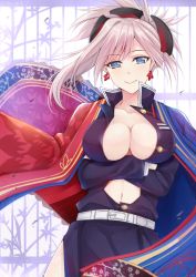 Rule 34 | 1girl, absurdres, belt, blue eyes, blue jacket, blush, breasts, cleavage, collarbone, commentary request, earrings, fate/grand order, fate (series), gu li, highres, jacket, jewelry, kimetsu no yaiba, large breasts, long hair, looking at viewer, miyamoto musashi (fate), multicolored clothes, multicolored jacket, navel, pink hair, ponytail, red jacket, smile, solo, two-tone jacket, white belt
