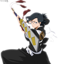 Rule 34 | 1girl, absurdres, black hair, bleach, blue eyes, fighting stance, forehead, glasses, highres, ise nanao, looking at viewer, purple eyes, shihakusho, shinigami, simple background, solo, stiky finkaz, sword, weapon