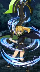 Rule 34 | 10s, 1girl, belt, black cape, black footwear, black shirt, black skirt, blonde hair, boots, cape, floating hair, full body, gloves, grey gloves, hair between eyes, highres, holding, holding weapon, knee boots, long hair, looking at viewer, military, military uniform, miniskirt, nihgt, open mouth, outdoors, owari no seraph, pleated skirt, purple eyes, sanguu mitsuba, shirt, skirt, solo, standing, tree, twintails, uniform, weapon