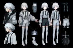 Rule 34 | 1girl, black background, black eyes, black necktie, black shorts, boots, cellphone, character sheet, closed mouth, full body, garter straps, grey hair, grey jacket, grey shirt, highres, id card, jacket, layered sleeves, looking at viewer, m. (emudotto), multiple views, necktie, open clothes, open jacket, original, phone, shirt, short hair, shorts, simple background, suspender shorts, suspenders, thighhighs, white thighhighs