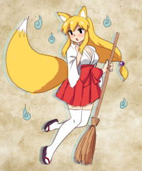 Rule 34 | 1girl, :o, afterimage, animal ears, bad id, bad pixiv id, bamboo broom, beads, black eyes, blonde hair, blush, breasts, broom, brown background, cleavage, commentary request, fox ears, fox tail, full body, geta, hair beads, hair ornament, hakama, hakama short skirt, hakama skirt, holding, holding broom, japanese clothes, long hair, long sleeves, looking at viewer, low-tied long hair, medium breasts, miko, open mouth, original, red hakama, shirt, skirt, solo, standing, standing on one leg, tail, thighhighs, white shirt, wide sleeves, yume yoroi, zettai ryouiki