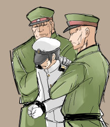 Rule 34 | 10s, 3boys, admiral (kancolle), bald, black hair, brown background, dora v nu, hat, highres, kantai collection, male focus, military, military police, military uniform, multiple boys, peaked cap, restrained, sketch, tears, uniform