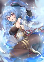 Rule 34 | 1girl, ahoge, ass, bare shoulders, bell, black gloves, black leotard, blue hair, bodystocking, bodysuit, breasts, brown pantyhose, chinese knot, detached sleeves, flower knot, ganyu (genshin impact), genshin impact, gloves, gold trim, high heels, highres, horns, leotard, leotard under clothes, long hair, looking at viewer, magic, medium breasts, neck bell, oomabiblogo2, open mouth, pantyhose, purple eyes, sideboob, sidelocks, solo, sparkle, tassel, thighlet, thighs, vision (genshin impact), waist cape, white sleeves, wind