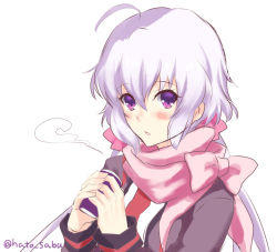 Rule 34 | 10s, 1girl, ahoge, blush, can, hair between eyes, holding, holding can, looking at viewer, low twintails, necktie, parted lips, pink scarf, purple eyes, purple hair, scarf, school uniform, senki zesshou symphogear, simple background, sketch, solo, touyama sabu, twintails, twitter username, upper body, white background, yukine chris